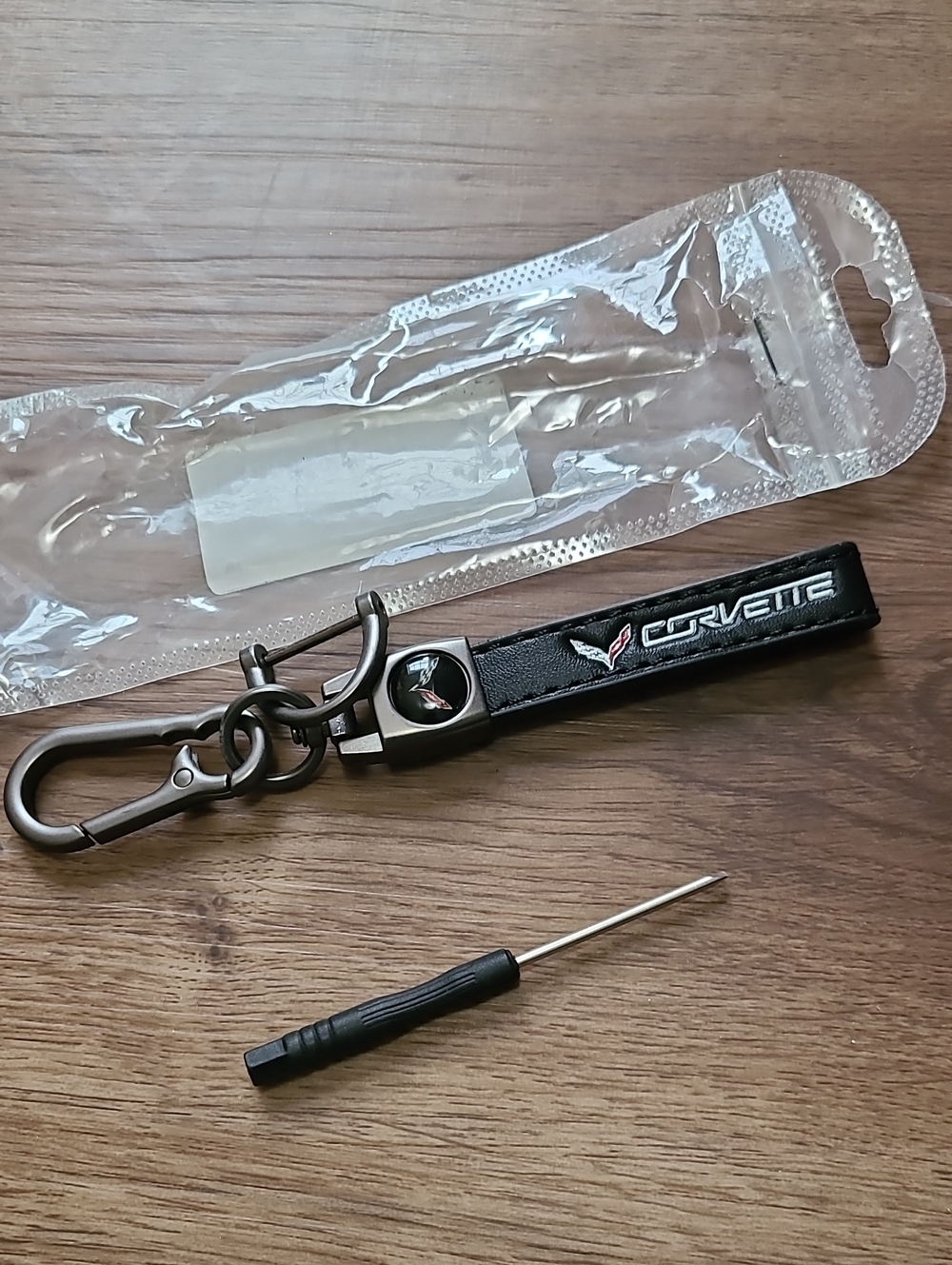 NEW! Black Leather Corvette Keychain Strap with Metal Clip